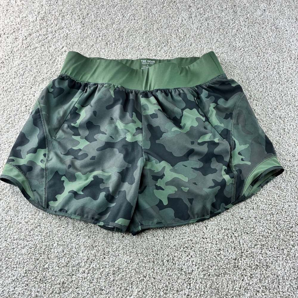 TEK GEAR Workout Shorts Womens L Green Camouflage Athletic Running Exercise